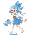  1girl :d alternate_species barefoot blue_bow blue_dress blue_eyes blue_hair blue_wings bow cirno collared_shirt commentary detached_wings dress fangs hair_bow highres holding holding_weapon ice ice_wings inkling miko_(15476997) neck_ribbon open_mouth pinafore_dress pointy_ears puffy_sleeves red_ribbon ribbon shirt short_hair short_sleeves sleeveless sleeveless_dress smile solo splatoon_(series) splattershot_jr_(splatoon) standing standing_on_one_leg symbol-only_commentary tentacle_hair touhou weapon white_background white_shirt wings 