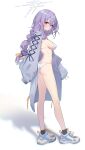  1girl atsuko_(blue_archive) bikini blue_archive blush braid breasts collarbone from_side gloves grey_halo groin halo harenchi highres hood hooded_jacket jacket long_hair looking_at_viewer low_twin_braids medium_breasts open_clothes purple_hair red_eyes shoes sideboob simple_background sneakers solo swimsuit twin_braids white_background white_bikini white_jacket 