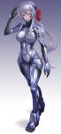  1girl absurdres armored_bodysuit blue_eyes bodysuit breasts character_request commentary_request covered_navel full_body hair_ribbon headgear highres impossible_bodysuit impossible_clothes kurione_(zassou) large_breasts long_hair looking_at_viewer muv-luv muv-luv_alternative purple_bodysuit purple_hair ribbon salute solo standing two-tone_bodysuit very_long_hair 