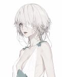  1girl bandage_over_one_eye bare_arms breasts character_request cleavage copyright_request d.k dress grey_eyes grey_hair medium_breasts medium_hair open_mouth solo teeth upper_teeth_only white_background white_dress 