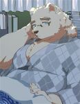 anthro bear bed blue_eyes bone_color919 cigarette cigarette_in_mouth clothing fur furniture hi_res leib_(tas) lifewonders male mammal musclegut muscular object_in_mouth pecs polar_bear robe smoking solo tokyo_afterschool_summoners ursine white_body white_fur