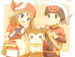  1boy 1girl :d ? bandana blue_eyes blush brendan_(pokemon) brown_eyes brown_hair fanny_pack fingerless_gloves furret gloves hat looking_at_viewer may_(pokemon) open_mouth pokemon pokemon_rse pokenav red_bandana red_shirt shared_thought_bubble shirt smile spoken_question_mark thought_bubble translation_request white_gloves white_hat yellow_gloves ymzmi 