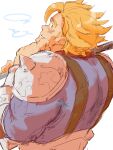  1boy armor blonde_hair blue_eyes blue_shirt cross_scar dragalia_lost english_commentary highres holding holding_weapon looking_at_viewer looking_back male_focus pauldrons piikeisandaa rex_(dragalia_lost) scar scar_on_cheek scar_on_face scratching_cheek shirt shoulder_armor single_pauldron spiked_pauldrons suspenders sweatdrop weapon white_background 
