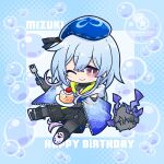  1boy absurdres animalization arknights beret black_footwear black_shirt blue_background blue_hair blue_hat blue_hoodie border bright_pupils bubble cake cake_slice character_name chibi clothing_cutout commentary dog-san earrings english_text food fork full_body gradient_hair happy_birthday hat highmore_(arknights) highres holding holding_fork holding_plate hood hoodie jewelry light_blue_hair looking_at_viewer male_focus mizuki_(arknights) multicolored_hair one_eye_closed pantyhose_under_shorts pink_eyes pink_hair plate shirt shorts shoulder_cutout smile solo watermark white_background white_pupils 
