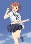  bag blush braid brown_eyes brown_hair day girly_running mattaku_mousuke open_mouth original running school_bag school_uniform short_hair skirt sky solo sweat thighs 