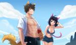  1boy 1girl abs absurdres animal_ears ball beachball bikini black_eyes black_hair black_male_swimwear blue_bikini blue_shorts breasts brown_hair cat_ears cat_tail closed_mouth eyewear_on_head fox_ears fox_tail highres holding holding_ball holding_beachball kirene88 male_swimwear medium_breasts muscular muscular_male navel open_clothes open_shirt original shirt shorts smile stomach sunglasses swimsuit tail white_shirt 