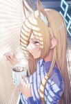  1girl animal_ear_fluff animal_ears blonde_hair blue_archive blue_eyes blue_shirt blush coffee_mug commentary cup dog_ears extra_ears from_side halo highres holding holding_cup indoors kabu_(niniko2ko) kanna_(blue_archive) long_hair mug notched_ear office_lady parted_lips profile shirt solo window_shade window_shutter 