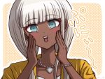  1girl :d bead_bracelet bead_necklace beads blunt_bangs border bracelet collarbone danganronpa_(series) danganronpa_v3:_killing_harmony dark-skinned_female dark_skin green_eyes grey_hair jacket jewelry long_hair necklace orange_jacket polka_dot polka_dot_background portrait shell shell_necklace smile solo suiren_yurei teeth translation_request upper_teeth_only white_border yonaga_angie 