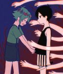  2boys antenna_hair aqua_hair aqua_shirt arm_at_side bare_arms basil_(headspace)_(omori) basil_(omori) black_eyes black_hair black_overalls black_shorts black_tank_top blue_background child chromatic_aberration colored_skin facing_another film_grain from_side gradient_background hair_behind_ear head_wreath highres holding holding_knife kitano_yukiusagi knife looking_at_another multiple_boys no_mouth no_pupils omori omori_(omori) open_mouth overall_shorts overalls red_background shirt shirt_grab short_hair short_sleeves shorts striped_clothes striped_shorts tank_top tearing_up vertical-striped_clothes vertical-striped_shorts white_shorts white_skin 