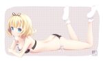  1girl ass black_bra black_panties blonde_hair blue_eyes blush bra breasts feet_up full_body gochuumon_wa_usagi_desu_ka? hairband highres kirima_syaro kurasawa_kyoushou lingerie looking_at_viewer lying on_stomach panties short_hair side-tie_panties small_breasts smile socks solo underwear white_socks 