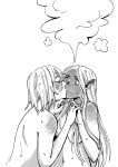  2girls absurdres blush breasts closed_eyes commentary dungeon_meshi ear_blush elf english_commentary falin_thorden falin_thorden_(tallman) greyscale highres holding_hands interlocked_fingers kiss kkxuroky long_hair marcille_donato medium_breasts medium_hair monochrome multiple_girls nude parted_lips pointy_ears shoulder_blush steam twitter_username upper_body yuri 