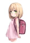  1girl backpack bag blonde_hair blush bow child dress dress_bow from_side green_eyes highres original pink_dress randoseru short_dress short_hair simple_background sleeveless sleeveless_dress solo sundress tamase_tama white_background 