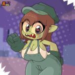 amey_arts blurred_background breasts cleavage clothed clothing eyelashes female freckles gloves goblin green_body green_clothing green_gloves green_handwear green_hat green_headwear green_overalls green_skin handwear hat headgear headwear hi_res humanoid lei_(20pesos_sopa) looking_at_viewer missing_tooth not_furry open_mouth overalls pupils red_pupils sharp_teeth solo teeth thick_thighs wide_hips yellow_sclera yellow_teeth