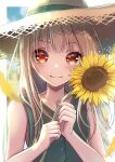  1girl absurdres blush day flower hat highres holding holding_flower looking_at_viewer orange_eyes original shirt sky sleeveless sleeveless_shirt smile solo straw_hat sun_hat sunflower upper_body yodakeke 