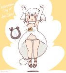  1girl arms_up bare_shoulders coroha dress elbow_gloves fins full_body gloves harp harp_seal_(kemono_friends) head_fins instrument jumping kemono_friends looking_at_viewer navel panties ribbon sandals short_hair simple_background solo underwear white_dress yellow_background 