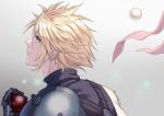  1boy armor black_gloves black_materia blonde_hair blue_eyes blue_sweater cloud_strife commentary_request earrings expressionless facing_away final_fantasy final_fantasy_vii final_fantasy_vii_rebirth final_fantasy_vii_remake furofuki_daikon gloves gradient_background grey_background hand_up holding_orb jewelry male_focus materia orb parted_lips pauldrons pink_ribbon ribbon short_hair shoulder_armor single_pauldron sleeveless sleeveless_sweater sleeveless_turtleneck solo spiked_hair stud_earrings sweater turtleneck turtleneck_sweater twitter_username upper_body 
