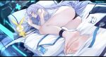  1girl absurdres ass barefoot breasts bronya_zaychik geez grey_eyes grey_hair hair_between_eyes highres honkai_(series) honkai_impact_3rd large_breasts long_hair looking_at_viewer name_tag no_shoes on_bed solo very_long_hair 