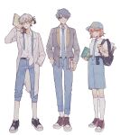  1boy 1girl 1other backpack bag baseball_cap belt black_bag black_belt black_footwear black_sclera blazer blue_eyes blue_hat blue_necktie blue_pants blue_skirt book brown_hair collared_shirt colored_sclera colored_tips eyewear_hang frown full_body glasses grey_hair grey_jacket hand_in_pocket hand_up hat heterochromia highres holding holding_book jacket lab_coat mbembe medicine_pocket medium_skirt mismatched_sclera multicolored_hair necktie o3o open_bag pants pants_rolled_up parted_lips red_footwear regulus_(reverse:1999) reverse:1999 school_uniform shirt shirt_partially_tucked_in shirt_tucked_in shoes short_hair short_ponytail short_sleeves skirt smile sneakers socks standing sun undone_necktie unworn_eyewear white_background white_hair white_shirt white_socks x_(reverse:1999) yellow_eyes 