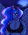 anthro big_breasts bra breasts clothing cloud crown elmilagro equid equine female friendship_is_magic hasbro headgear hi_res horn horse lace light looking_at_viewer mammal moon moonlight my_little_pony mythological_creature mythological_equine mythology night pinup pony pose presenting presenting_breasts princess princess_luna_(mlp) royalty sky solo star underwear winged_unicorn wings