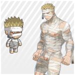  1boy absurdres bandages bara beard_stubble chibi cowboy_shot ero_condo facial_hair flaccid frown highres kienbiu looking_at_viewer male_focus mummy_costume muscular muscular_male naked_bandage nipples official_alternate_costume paid_reward_available pectorals penis punt_(kienbiu) short_hair simple_background solo standing stubble thighs uncensored underpec 