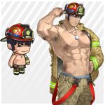 1boy abs absurdres armpit_hair armpits bara bare_pectorals cargo_pants character_request chibi cowboy_shot dirty dog_tags ear_piercing ero_condo firefighter firefighter_jacket hard_hat helmet highres jacket kienbiu large_pectorals male_focus muscular muscular_male navel nipples official_alternate_costume paid_reward_available pants pectorals piercing scar scar_on_arm serious short_hair simple_background solo standing stomach 