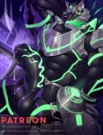 2024 abs anthro armor balls biceps black_hair bodily_fluids bodysuit canid canine canis clothing domestic_dog dripping english_text erection fenwick_art gear genital_fluids genitals glowing glowing_markings glowing_veins green_eyes hair hand_behind_back headgear hi_res humanoid_genitalia humanoid_penis husky leaking_precum leaning lifewonders live_a_hero looking_at_viewer male mammal markings monomasa muscular muscular_anthro muscular_male nordic_sled_dog patreon pecs penis plate_armor precum precum_drip red_sclera saliva skinsuit slime solo spitz supervillain tail text tight_clothing tongue tongue_out vein veiny_penis