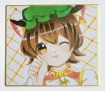  1girl ;3 animal_ear_fluff animal_ear_piercing bow bowtie brown_eyes brown_hair chen chierizum2 commentary_request double-parted_bangs earrings frills gold_trim hair_between_eyes hand_up hat head_tilt highres jewelry light_blush looking_at_viewer mob_cap one_eye_closed portrait red_vest single_earring solo touhou traditional_media vest white_bow white_bowtie 