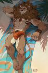 absurd_res anthro beach_towel clothing evvi evviart felid feline hi_res humanoid lion lying male mammal mane on_back pantherine relaxed_expression relaxing solo staring_off swimming_trunks swimwear towel