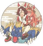  2girls :d animal_ears boots brown_background brown_eyes brown_hair collared_shirt daiwa_scarlet_(scarlet_nuit_etoile)_(umamusume) daiwa_scarlet_(umamusume) dragon dress eastern_dragon egasumi fur-trimmed_jacket fur-trimmed_sleeves fur_trim gloves hair_between_eyes hair_intakes hand_on_another&#039;s_shoulder highres horn_grab horns horse_ears horse_girl horse_tail jacket long_hair long_sleeves multicolored_hair multiple_girls orange_hair pants red_dress red_eyes red_footwear red_gloves red_jacket sabanomisoni_gonta shirt shoe_soles smile stiff_tail sweat tail tiara turn_pale two-tone_hair umamusume v-shaped_eyebrows very_long_hair vodka_(nonfreezing_aqua_vitae)_(umamusume) vodka_(umamusume) wavy_mouth white_background white_gloves white_hair white_pants white_shirt 