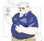 2024 anthro belly big_belly bodily_fluids bottomwear canid canine canis clothing domestic_dog hi_res humanoid_hands inunoshippo kemono male mammal overweight overweight_male pants shirt simple_background solo sweat topwear