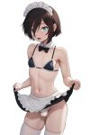  1boy absurdres alternate_costume apron bikini black_bow black_bowtie black_hair black_skirt blue_eyes boku_no_kokoro_no_yabai_yatsu bow bowtie collar covered_testicles crossdressing detached_collar djgh5738 enmaided frilled_apron frills highres ichikawa_kyoutarou looking_at_viewer maid maid_apron maid_bikini maid_headdress male_focus male_maid navel open_mouth short_hair simple_background skirt skirt_hold solo swimsuit thighhighs traditional_bowtie unconventional_maid white_apron white_background white_collar white_thighhighs 