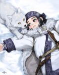  1girl affectionate ainu ainu_clothes animal asirpa blue_eyes cloak commentary_request from_above fur_cloak golden_kamuy headband knife long_hair looking_at_another lying mitsuya on_back purple_headband retar sidelocks smile white_cloak wolf yellow_eyes 