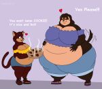 2024 5_fingers anthro artist_name bangs belly big_belly big_breasts black_clothing black_footwear black_nose black_sandals blue_bottomwear blue_clothing blue_shorts bottomwear breasts brown_body brown_fur brown_hair brown_tail canid canine canis cleavage clothed clothing colored cookie crop_top cutoffs denim denim_bottomwear denim_clothing dialogue domestic_cat domestic_dog duo ear_piercing ear_ring eye_through_hair eyes_closed fangs felid feline felis female female/female fingers flat_colors flip_flops food footwear fur hair hand_on_belly heart_symbol hi_res holding_cookie holding_food holding_object larger_female long_hair long_tail mammal multicolored_body multicolored_fur obese obese_anthro obese_female one_eye_closed onehandsomefox open_mouth overweight overweight_anthro overweight_female piercing purple_background purple_clothing purple_crop_top purple_flip_flops purple_shirt purple_topwear reina_(bun-bunmx) ring_piercing sabrina_(bun-bunmx) sandals shirt shorts simple_background size_difference smaller_female smile smiling_at_another standing steam tail tail_motion tailwag tan_body tan_fur teeth text thick_thighs topwear translucent translucent_hair wide_hips wink yellow_clothing yellow_crop_top yellow_shirt yellow_topwear