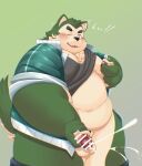 2024 anthro belly big_belly blush bodily_fluids canid canine canis censored clothed clothing cum domestic_dog ejaculation genital_fluids green_body hi_res humanoid_hands kemono lifewonders live_a_hero male mammal masturbation mokdai moobs nipples overweight overweight_male raised_clothing raised_shirt raised_topwear shirt simple_background solo tolsche topwear