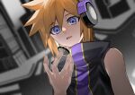  1boy blue_eyes blurry blurry_background floating floating_object grey_background hair_between_eyes headphones highres keiseki1 looking_at_object male_focus orange_hair pin sakuraba_neku short_hair sleeveless solo spiked_hair subarashiki_kono_sekai 