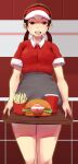  1girl bar_censor borusen breasts brown_eyes brown_hair burger censored commentary_request cowboy_shot cup disposable_cup employee_uniform food french_fries futanari grey_skirt high-waist_skirt holding holding_tray low_twintails medium_breasts miniskirt open_mouth original penis penis_out skirt smile solo tray twintails uniform visor_cap 