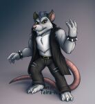 2024 3_toes 4_fingers anthro bottomwear brok_the_investigator clothing feet fingers grey_body humanoid_hands male mammal murid murine pants rat rodent simple_background solo squealers_chief teiranova toes