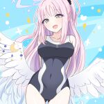  1girl angel_wings ass_visible_through_thighs black_one-piece_swimsuit blue_archive blush breasts collarbone cowboy_shot crescent crescent_pin daiichi_(1279220) feathered_wings halo highres large_breasts long_hair looking_at_viewer mika_(blue_archive) one-piece_swimsuit open_mouth pink_hair pink_halo school_swimsuit smile solo swimsuit white_wings wings yellow_eyes 