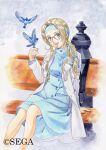  1girl :d animal bird blonde_hair blue_bird blue_dress blue_eyes blue_headband blue_ribbon braid braided_ponytail coat diana_caprice dress english_text glasses hair_ornament hand_on_bench headband lab_coat long_hair long_sleeves looking_at_viewer matsubara_hidenori nose official_art open_eyes open_mouth parted_bangs pocket red-framed_eyewear ribbon sakura_taisen sakura_taisen_v sega simple_background single_braid sitting smile solo solo_focus traditional_media white_sleeves 