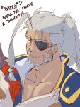  1boy bara beard blue_eyes book dragalia_lost english_commentary english_text eyepatch facial_hair gatov_(dragalia_lost) highres holding holding_book looking_at_viewer male_focus old old_man one_eye_covered open_mouth pectoral_cleavage pectorals piikeisandaa talking white_background white_hair 