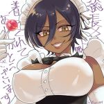  0m_eat 1girl alibaba_(rosen_garten_saga) alternate_costume apron bare_shoulders black_bow black_bowtie bow bowtie breasts candy cleavage clenched_teeth covered_nipples dark-skinned_female dark_skin detached_collar elbow_gloves enmaided eyeliner food genderswap genderswap_(mtf) gloves hair_between_eyes holding holding_candy holding_food holding_lollipop large_breasts lipstick lollipop long_eyelashes looking_at_viewer maid maid_apron maid_headdress makeup purple_hair red_eyeliner rosen_garten_saga short_hair smile solo teeth twitter_username upper_body white_background white_gloves yellow_eyes 