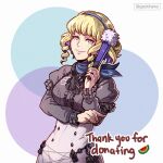  1girl blonde_hair blue_eyes blue_hairband commentary constance_von_nuvelle drill_hair drill_sidelocks fire_emblem fire_emblem:_three_houses folding_fan grey_shirt gzei hairband hand_fan hand_up high-waist_skirt highres holding holding_fan juliet_sleeves long_sleeves looking_at_viewer pink_lips puffy_sleeves shirt short_hair sidelocks skirt smile solo upper_body white_background white_skirt 