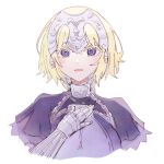  1girl akuterasu blonde_hair blue_eyes blush capelet chain collar fate/grand_order fate_(series) gauntlets headpiece jeanne_d&#039;arc_(fate) jeanne_d&#039;arc_(ruler)_(fate) looking_at_viewer metal_collar purple_capelet simple_background smile solo white_background 
