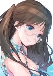  1girl bikini blue_bikini blue_eyes breasts brown_hair floral_print from_side glasses idolmaster idolmaster_shiny_colors long_hair looking_at_viewer medium_breasts mitsumine_yuika one_side_up simple_background smile solo swimsuit tomamatto upper_body 