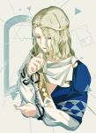  1boy 6_(reverse:1999) ancient_greek_clothes blonde_hair blue_eyes circlet colored_eyelashes cropped_torso gejigeji0723 golden_spiral greco-roman_clothes hair_between_eyes hand_on_own_elbow hand_up highres himation looking_at_viewer male_focus medium_hair parted_lips reverse:1999 solo triangle twitter_username upper_body white_background 