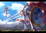  1other 2boys armor blue_shirt blurry blurry_foreground brown_hair cape cloud commentary_request covering_face digimoji digimon digimon_(creature) digital_hazard dorumon dukemon fufumon goggles goggles_around_neck grass hawe_king holding holding_polearm holding_shield holding_weapon knight lance long_hair lordknightmon multiple_boys pink_armor pink_helmet polearm red_cape ribbon shadow shield shirt translation_request weapon white_armor white_hair yellow_eyes yellow_ribbon 