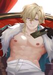 abs aventurine_(honkai:_star_rail) black_gloves blonde_hair card closed_mouth earrings fur_trim gloves hair_between_eyes highres holding holding_card honkai:_star_rail honkai_(series) jewelry kirene88 looking_at_viewer male_focus muscular muscular_male neck_tattoo nipples pants purple_eyes smile stomach tattoo white_pants 