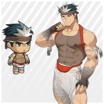  1boy abs absurdres bandaged_hand bandages bara bare_pectorals bulge chibi covered_penis covering_privates cowboy_shot da_thach_(kienbiu) ero_condo facial_hair fishnet_top fishnets flaccid goatee_stubble hachimaki headband highres kienbiu male_focus muscular muscular_male nipples nude_cover official_alternate_costume paid_reward_available pectorals see-through short_hair simple_background solo sparse_arm_hair sparse_chest_hair sparse_leg_hair standing stomach stubble wet wet_clothes 