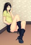  black_eyes black_hair boots breasts cellphone cleavage headband high_heels highres khalitzburg legs looking_at_viewer medium_breasts open_clothes open_shirt original phone shirt shoes sitting skirt solo 