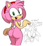 accessory amy_rose anthro bodily_fluids breasts butt dialogue duo english_text eulipotyphlan female green_eyes hair_accessory hairband hedgehog male mammal nude open_mouth saliva sega simple_background sonic_the_hedgehog sonic_the_hedgehog_(series) speech_bubble sweat text tongue tongue_out vilepluff